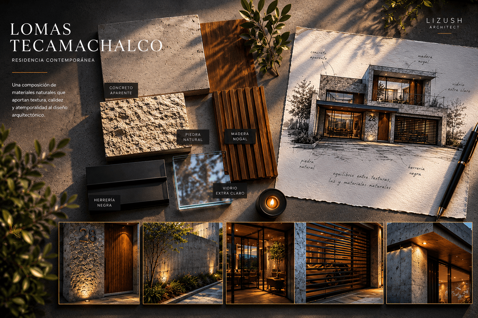 Moodboard de materiales y detalles de Lomas Tecamachalco